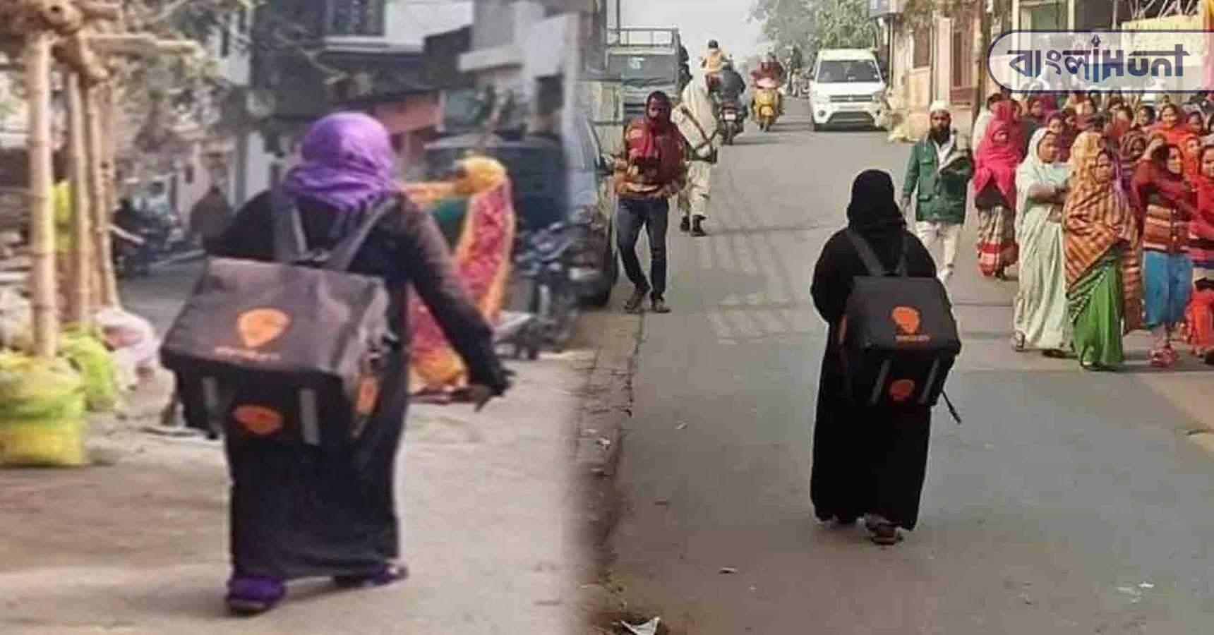 burqa wearing woman carrying food delivery bag