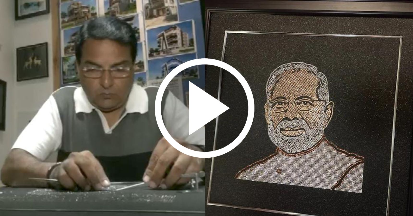 A person made a portrait of the Prime Minister with 7,200 diamonds