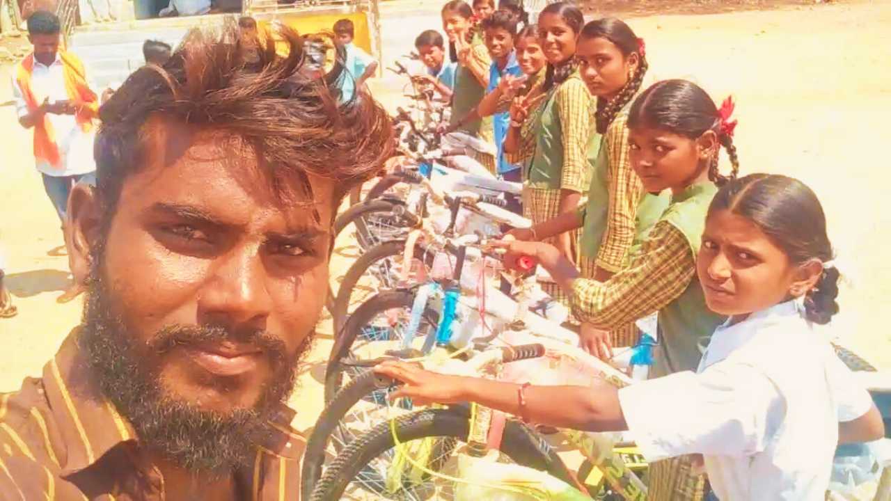 A poor worker bought a bicycle for 11 students with his own money