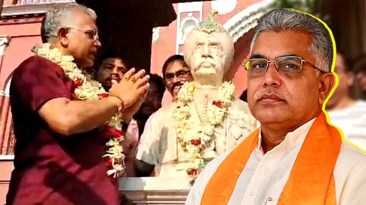 bjp candidate dilip ghosh mistakenly felicitated wrong statue in bardhaman sparks controversy