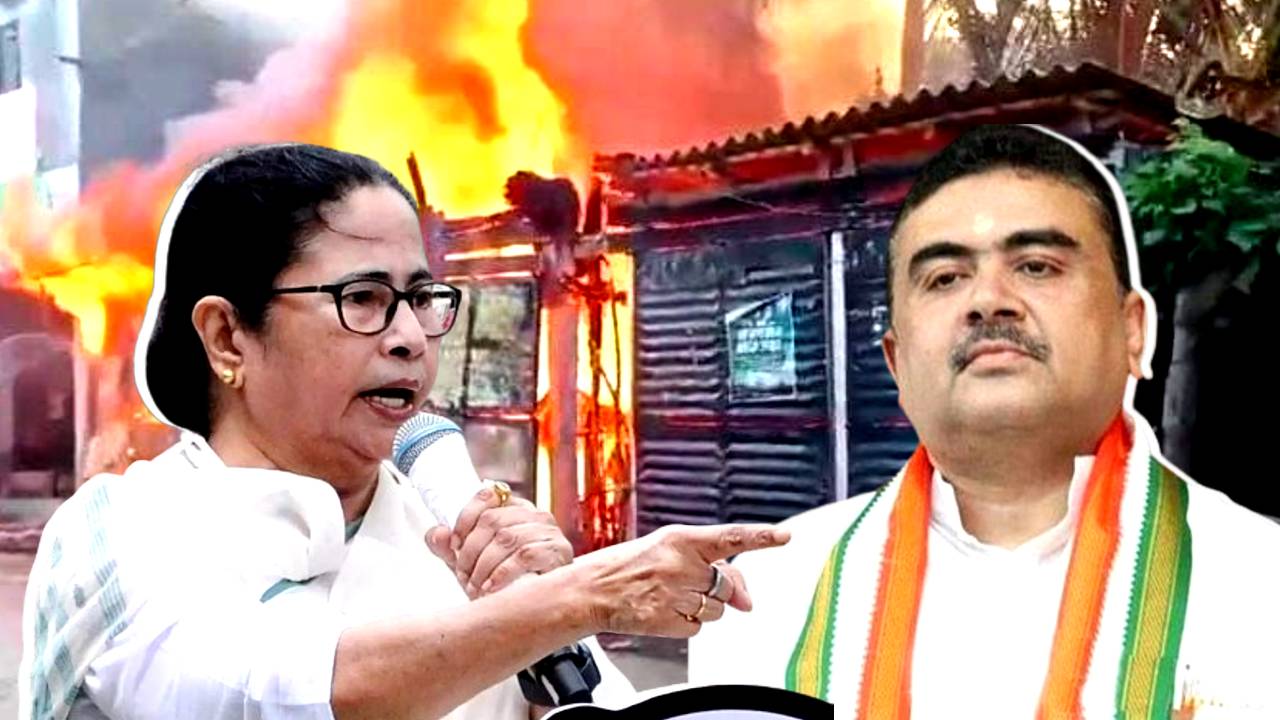 fire broke out in tmc party workers shops in sandeshkhali bjp is being accused