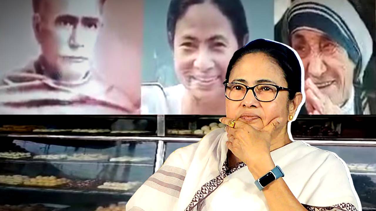 Mamata Banerjee portrait with Rabindranath Tagore Mother Teresa in Bhangar sweet shop