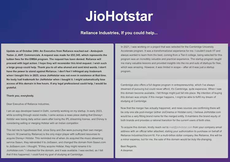  Mukesh Ambani Young man in dire straits by buying JioHotstar's domain.