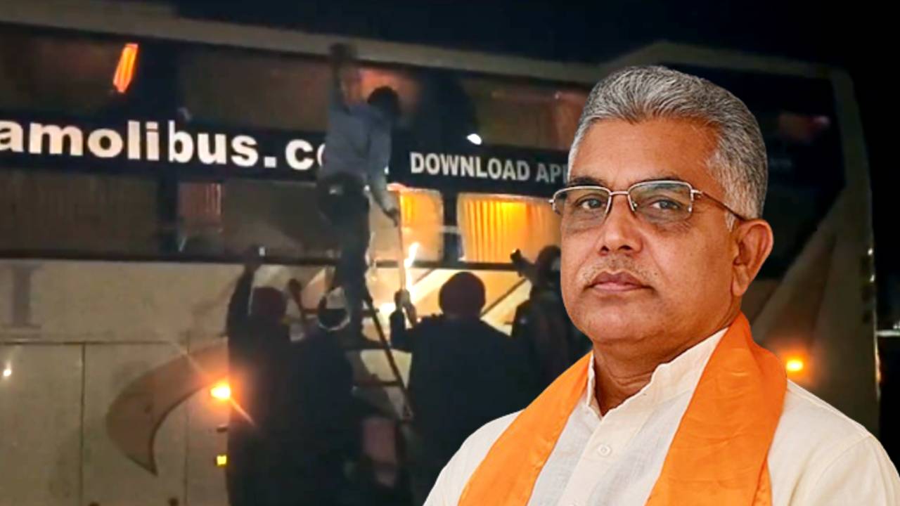 Pilgrims bus got attacked BJP leader Dilip Ghosh shares the video