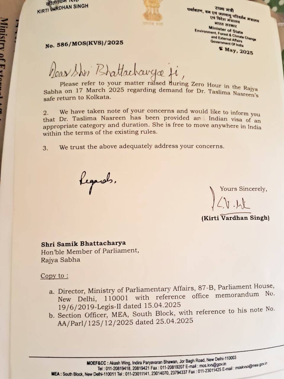 Taslima Nasrin is free to move anywhere in India