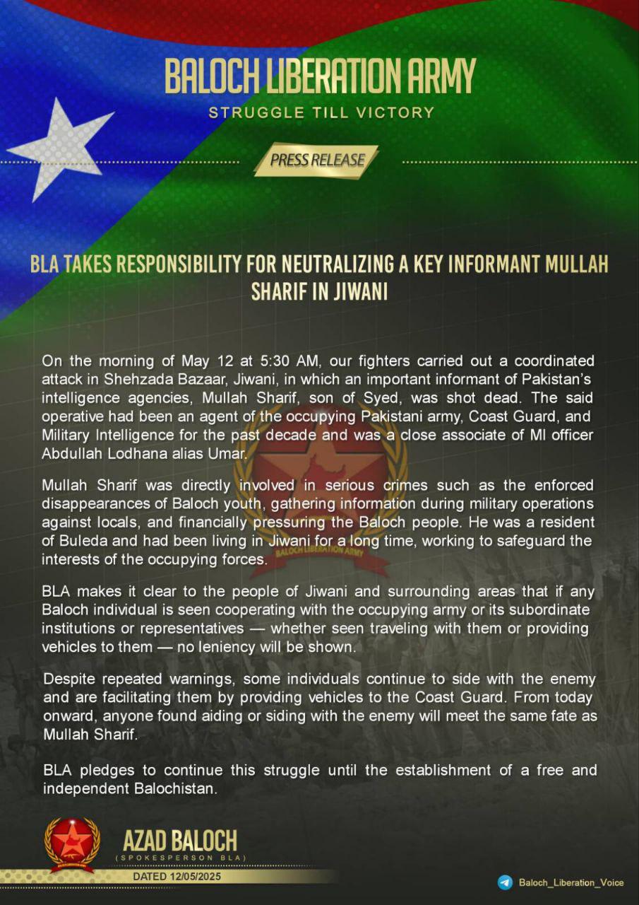 BLA kills Pakistan army agent.