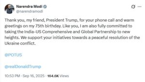 Donald Trump congratulates Narendra Modi on his birthday.