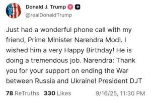 Donald Trump congratulates Narendra Modi on his birthday.