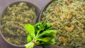 Recipe make a delicious green rice dish with winter spinach