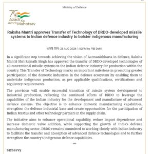Central govt has taken a big step towards self-reliance in defense production in India.