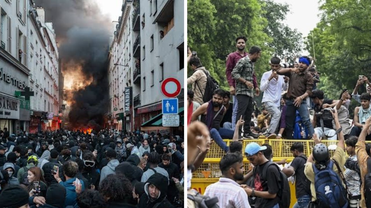 Are the protests in France linked to the Indian protests over allegations of 'voting rigging'?