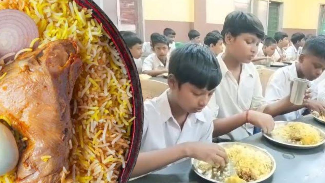 Mid day meal students happy with chicken biryani